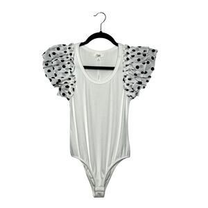 Oddi Polka Dot Ruffle Sleeve Bodysuit Small White Black Ribbed Stretch